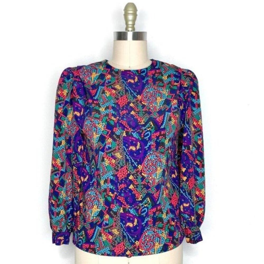 Vintage 80s Purple Puff Shoulder Mosaic Office Feminine Secretary Blouse Medium
